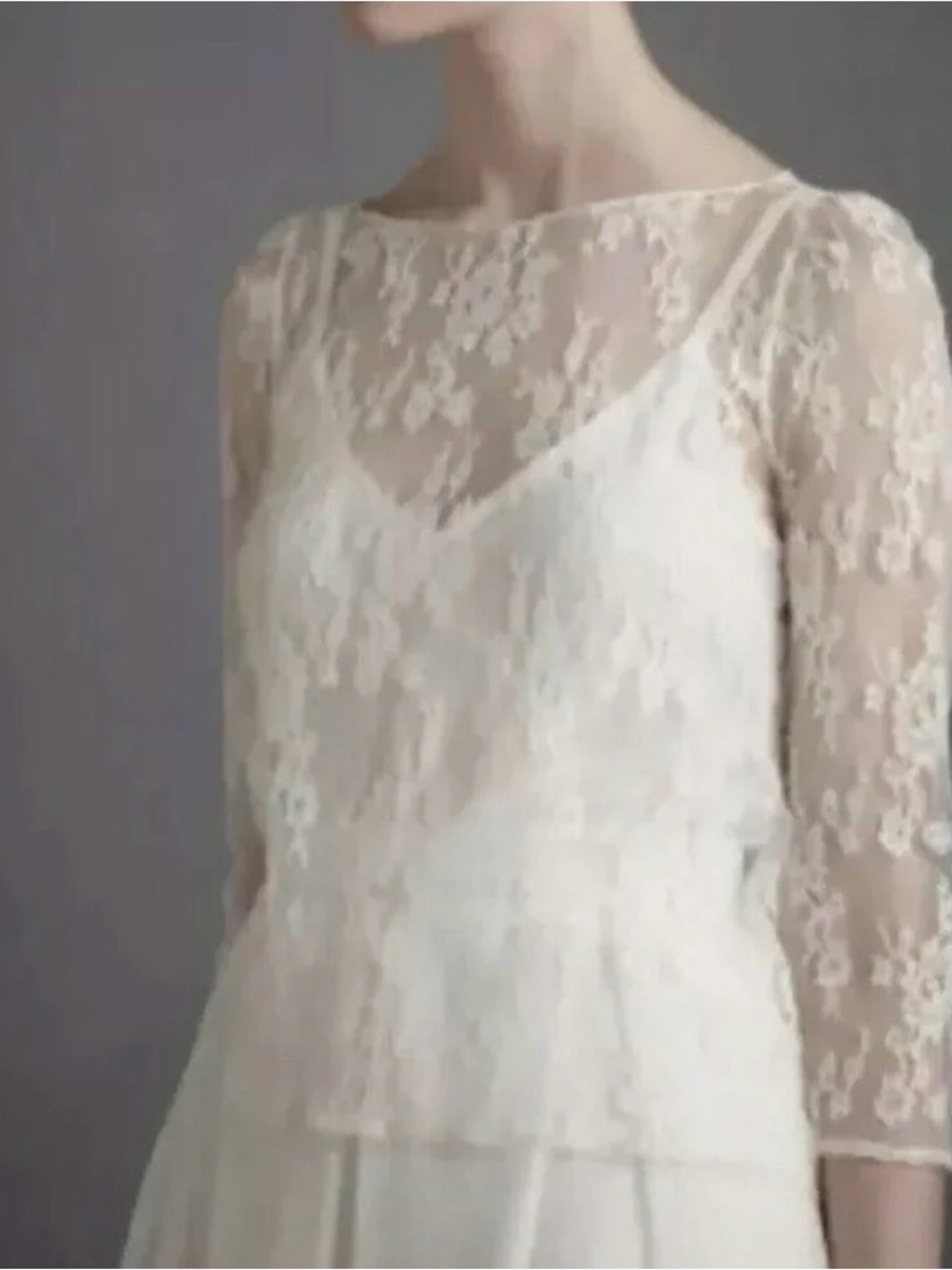 Delphine Manivet Ivory Lace Long-Sleeve Wedding Dress Topper with Silk Bow